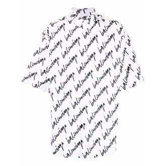 BALENCIAGA Camicia bianca in cotone con logo Balenciaga all over nero