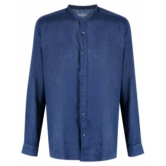 TINTORIA MATTEI Camicia blu in lino con colletto a fascia