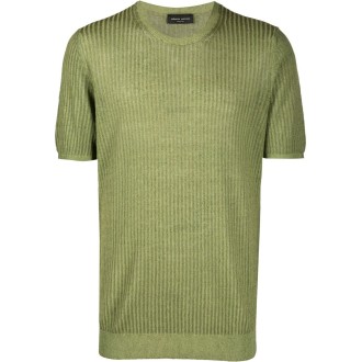 ROBERTO COLLINA T-shirt girocollo a coste in lino verde kiwi