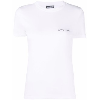 JACQUEMUS T-shirt bianca in cotone biologico con logo Jacquemus ricamato nero