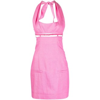 JACQUEMUS Mini abito rosa in lino con chiusura con allacciatura al collo