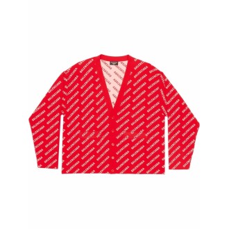 BALENCIAGA Cardigan rosso e bianco in cotone e lana vergine con  logo Balenciaga