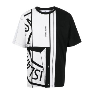 STONE ISLAND T-shirt bianca e nera in cotone con logo grafico Stone Island