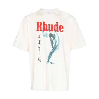 RHUDE T-shirt bianca in cotone con stampa grafica e logo Rhude rosso