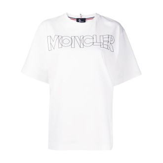MONCLER GRENOBLE T-Shirt girocollo in cotone bianco naturale con stampa logo Moncler nera