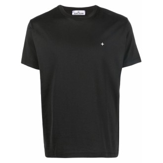 STONE ISLAND T-shirt girocollo in cotone nero con ricamo stella bianca in petto