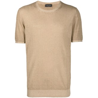 ROBERTO COLLINA T-shirt girocollo a coste in lino marrone cammello