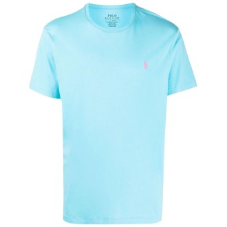 RALPH LAUREN T-Shirt In Cotone Turchese Con Logo Rosa Uomo