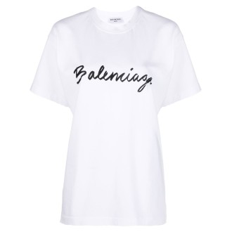 BALENCIAGA t.shirt bianca in cotone con finitura invecchiata e logo Balenciaga nero