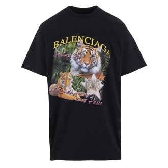 BALENCIAGA T-Shirt Oversize Reversibile Fbi Year of Tiger Blu Navy Donna