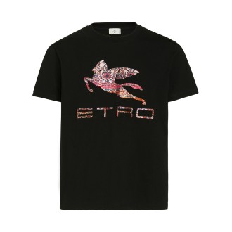 ETRO T-Shirt Nera Uomo Con Logo e Pegaso a Contrasto