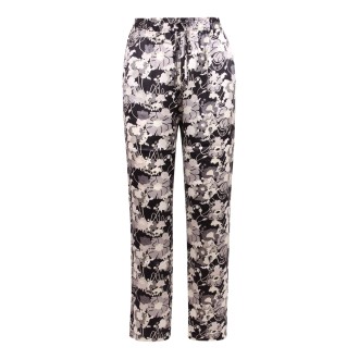 Gold Hawk Floral Print Silk Trousers M