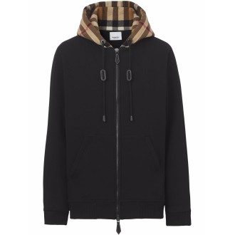 BURBERRY Felpa nera in cotone con cappuccio in stampa Vintage Check
