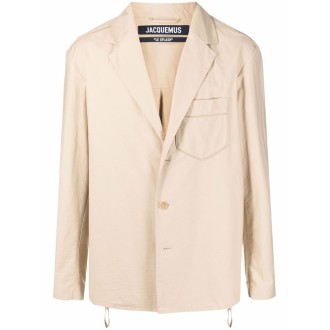 JACQUEMUS Blazer monopetto in cotone beige con revers a lancia