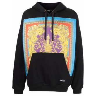 VERSACE Felpa con cappuccio nera in cotone e seta multicolore