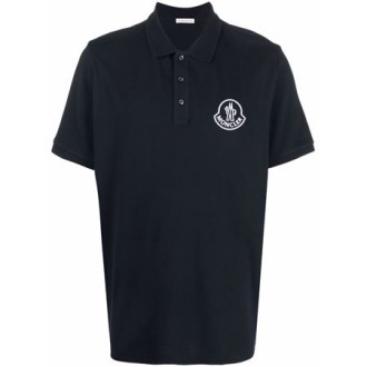 MONCLER Polo nera in piquet di cotone con patch logo Moncler bianco