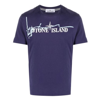 STONE ISLAND T-shirt blu in cotone con logo Stone Island bianco