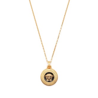 VERSACE collana corta in ottone dorato con logo Versace Medusa su fondo nero