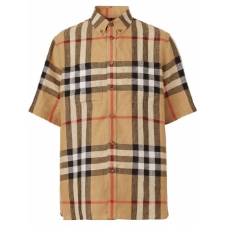 BURBERRY Camicia beige a maniche corte in lino con motivo Vintage Check