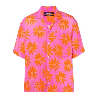 JACQUEMUS Camicia a fiori rosa e arancione a maniche corte con taschino