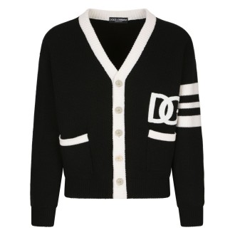DOLCE & GABBANA cardigan in lana vergine con logo DG bianco e nero