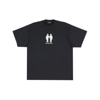 BALENCIAGA T-shirt nera a maniche corte in cotone con stampa logo bianco