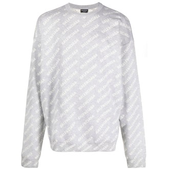 BALENCIAGA maglione girocollo in cotone e lana grigio e bianco con logo Balenciaga