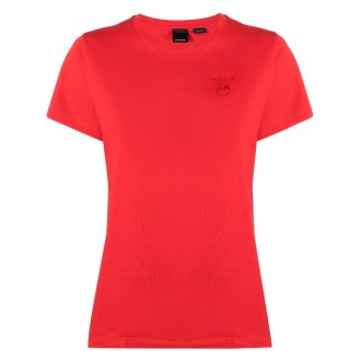 PINKO T-shirt rossa in cotone con logo Love Birds ricamato