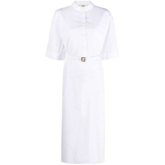 FENDI abito chemisier bianco in cotone con cintura con logo FF color oro