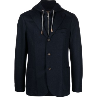 ELEVENTY giacca monopetto blu con cappuccio in lana