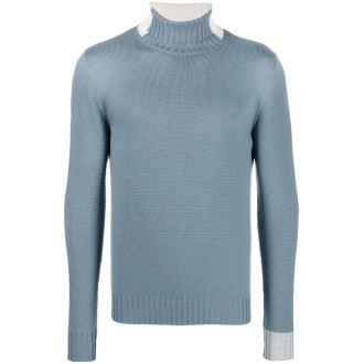 ELEVENTY maglione blu a coste in lana con polsini a contrasto grigi