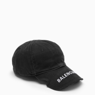 BALENCIAGA berretto in cotone nero con ricamo Balenciaga a contrasto bianco