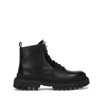 DOLCE & GABBANA stivaletti in pelle nera con logo DG color argento