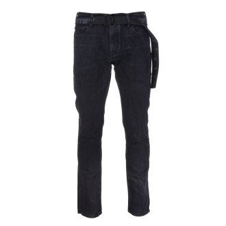 OFF-WHITE Jeans Affusolato Nero Con Cintura Logata Uomo