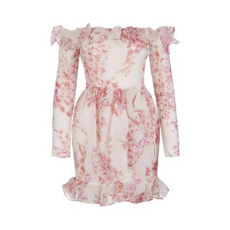 GIAMBATTISTA VALLI Mini Abito In Seta Bianca Con Volant e Stampa Floreale Rosa