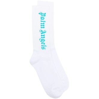 PALM ANGELS Calzini Bianchi Con Logo Verticale Ciano Uomo