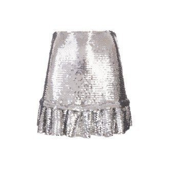 PACO RABANNE Minigonna Donna In Tessuto di Paillettes Argento Con Ruches