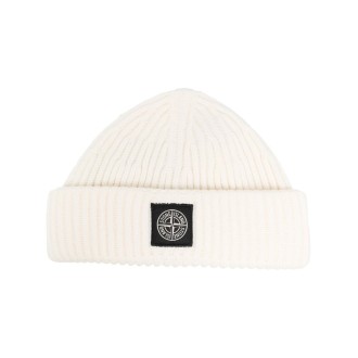 STONE ISLAND cappello bianco in lana merino a coste con logo Stone Island Compass