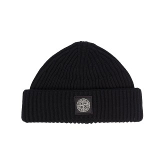STONE ISLAND cappello nero in lana merino a coste con logo Stone Island