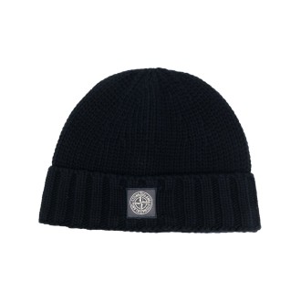 STONE ISLAND cappello in maglia di lana vergine nero con patch logo Stone Island