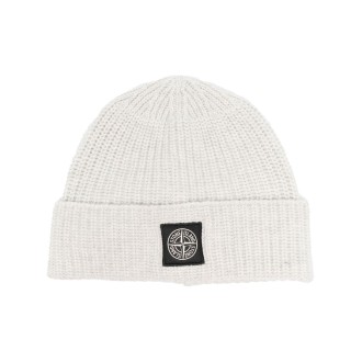 STONE ISLAND Cappello in maglia di lana grigia a coste con patch logo Stone Island