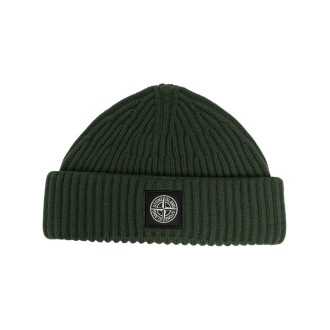 STONE ISLAND cappello verde scuro in lana merino a coste con logo Stone Island
