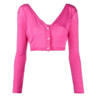 JACQUEMUS cardigan corto in lana rosa abbottonato con scollo a V