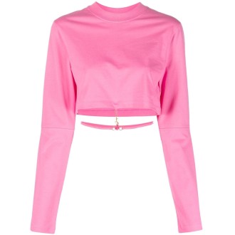 JACQUEMUS T-shirt corta rosa in cotone con charm logo Jacquemus