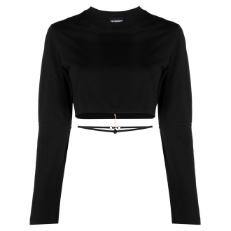 JACQUEMUS T-shirt corta nera in cotone con charm logo Jacquemus