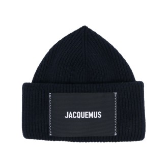 JACQUEMUS cappello in maglia di lana blu navy a coste con logo Jacquemus