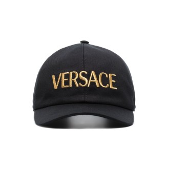 VERSACE cappello in cotone nero e oro con logo Versace ricamato