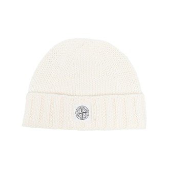 STONE ISLAND cappello bianco in lana vergine con logo Stone Island
