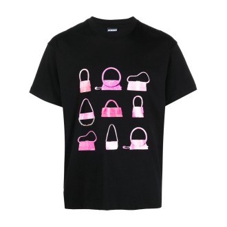 JACQUEMUS T-shirt nera in cotone con stampa grafica fuxia
