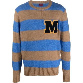 MANUEL RITZ maglione girocollo a righe in lana mohair marrone chiaro e blu oceano